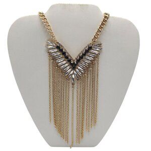 Guess Gold-Tone Fringe Statement Necklace With Black & Clear Rhinestones